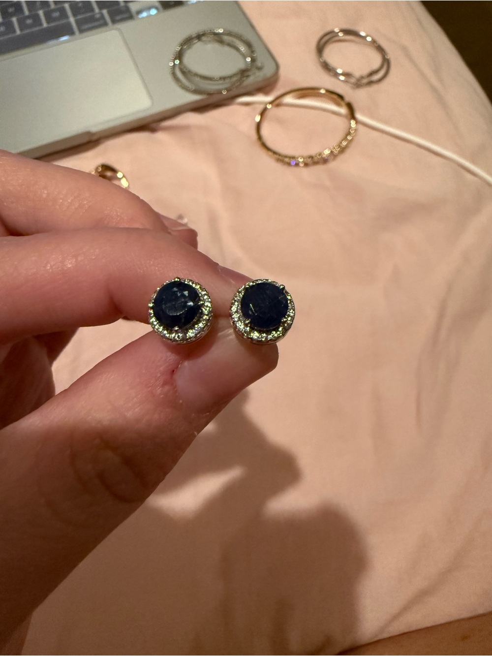 Silver Halo Stud Earrings with Dark Blue Center